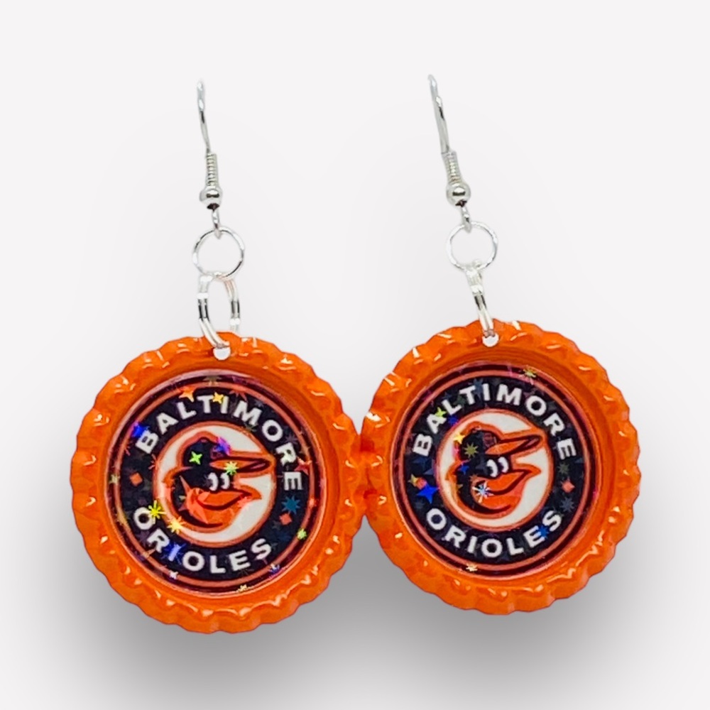 Baltimore Orioles Baseball Bottle Cap Earrings - Picture 4 of 5